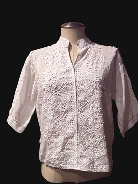 SL Fashions White Eyelet Embroidered Mandarin Collar Blouse